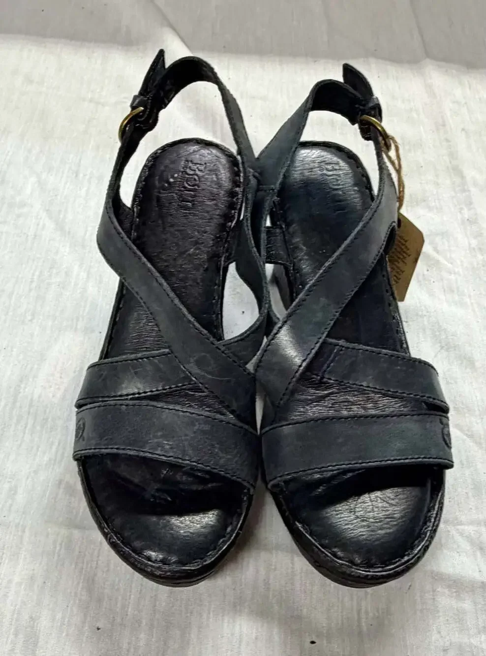 Born Black Leather Idella Strappy Slingback Wedge Sandals